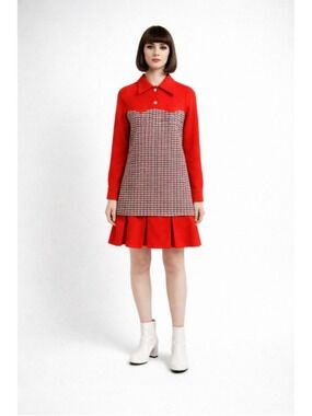 Authentic Vintage 1960s Mod Wool Dress Junior 9 Red Houndstooth The Young Look